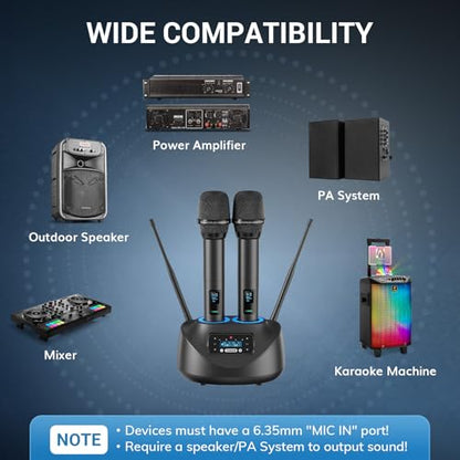 TONOR Bluetooth Wireless Microphones, Rechargeable UHF Cordless Microphone System for Home Party, Metal Dual Handheld 260ft for Home Karaoke, Church, Party,TW-790, Black