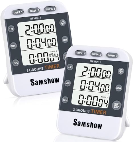 Digital Kitchen Timers for Cooking, 2 Pack | Triple Timer Count UP/Down, Large LCD Display, Adjustable Volume, Loud Alarm, Magnetic, Battery Included - color: 382-2 White
