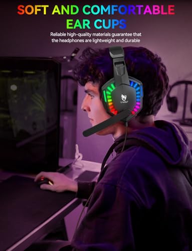 Stereo Gaming Headset for PS4 PC Xbox One PS5 Controller, Noise Cancelling Over Ear Headphones with Mic, LED Light, 7.1 Surround Sound, Soft Memory Earmuffs for Nintendo Xbox Series