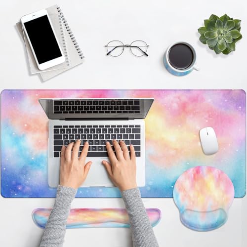 Arttown Keyboard Mouse Pad Set, 4 in 1 Desk Mat Set Iridescent Cloud | Starry Colorful Cute Large Mousepad+Keyboard Wrist Rest+Mouse Wrist Rest+Coaster Ergonomic Design for Home Office Computer - color: Iridescent Cloud