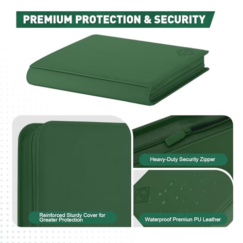 Premium Card Binder 12 Pocket for 720 Pockets Trading Card Binder, PU Zipper Card Collection Album, Sturdy Side-Loading Card Book Holder for MTG, TCG, Game Cards, Sports Cards - color: 12 Deep green