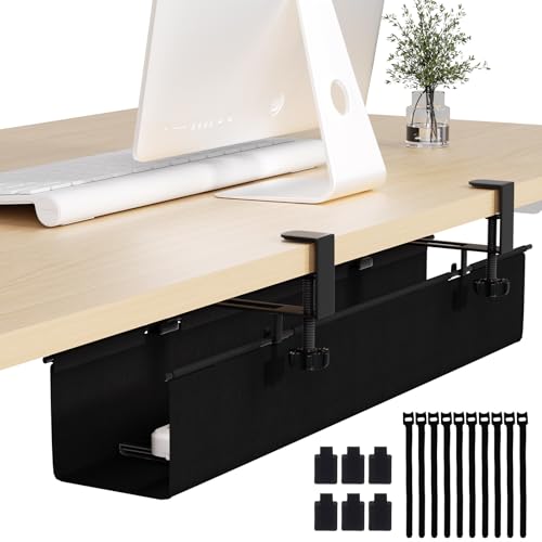 Under Desk Cable Management Tray 27.2" - No Drill Computer Wire Organizer Cable Tray, Cord Hider Clamp Mount with 16X Cable Ties PC Cables Management Cord Holder for Office/Home (Upgrade Fabric,Black) - color: Black, size: 27.2"