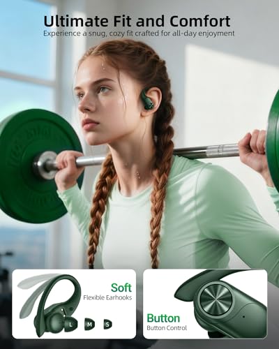PocBuds Bluetooth Headphones Wireless Earbuds 80hrs Playtime Wireless Charging Case Digital Display Sports Ear Buds with Earhook Deep Bass IPX7 Waterproof Over-Ear Earphones for TV Phone Laptop Olive - color: Olive, style: Standard