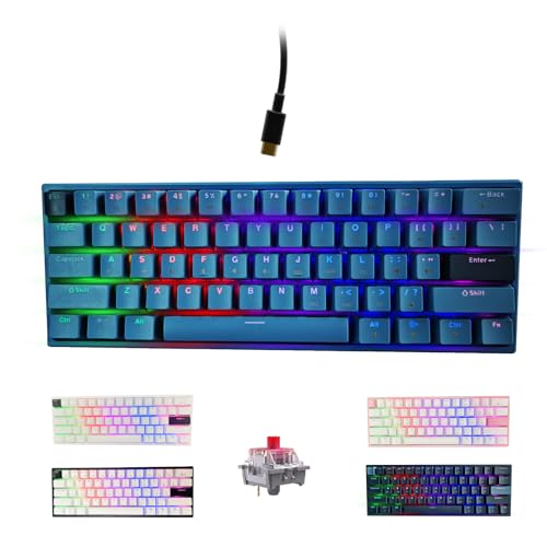 ONE-UP Portable 60% Mechanical Gaming Keyboard, LED Backlit Compact 61 Keys Mini Wired Office Keyboard with Red Switch, for Windows Laptop PC Mac - Black/Grey（Pale Blue）【Red Swich】 - color: Pale Blue