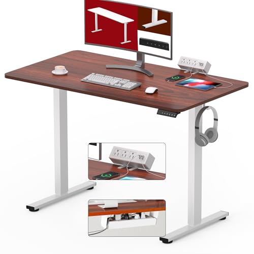 SANODESK Electric Standing Desk with Desk Clamp Power Strip 40"x 24" Whole-Piece Desktop Height Adjustable Stand Up Desk with Cable Management Sit Stand Home Office Desk White Frame/Mahogany Top - color: White Frame+mahogany Top, size: 40"x24"