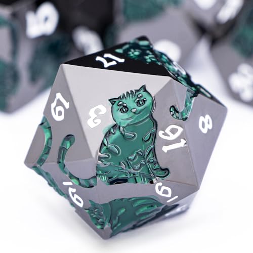 Metal DND Cat Dice 7PCS Polyhedral RPG Dice Set with Gift Case for Dungeons Dragons Role Playing Game, D and D Dice D6 D8 D10 D12 D20 D% (Green Black) - color: Cat-black Green