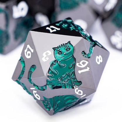 Metal DND Cat Dice 7PCS Polyhedral RPG Dice Set with Gift Case for Dungeons Dragons Role Playing Game, D and D Dice D6 D8 D10 D12 D20 D% (Green Black) - color: Cat-black Green