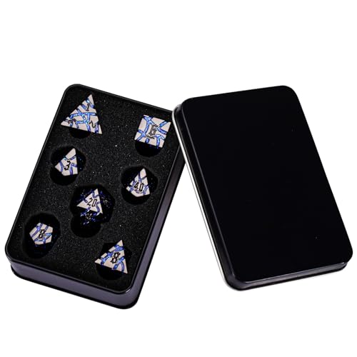 Cracked Rune Metal Dice Set for DND & RPG – Dark Fantasy Fractured Design, Premium Heavy Metal Polyhedral Dice with Deep Engraved Numbers, 7-Piece Set – Blue Arcane Vein - color: Black Nickel Blue