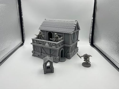 Hautico Town Building Terrain Set for 28mm Tabletop Miniature Wargames, Compatible with DND, 3D Printed and Paintable (Little Town Two-Floor House)