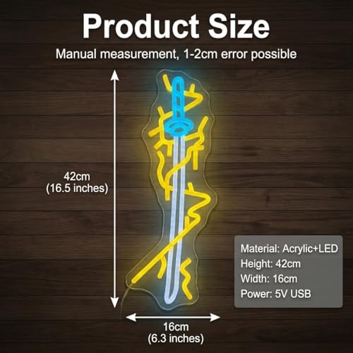 Anime Style Lightning Sword Neon Sign - Yellow & Blue LED Wall Art, USB Powered Dimmable Graffiti Light with 6-Level Brightness, Acrylic Backboard Hanging Lamp for Gaming Room, Bedroom, Man Cave (16.5 x 6.3 Inch) - color: YELLOW