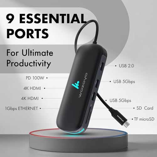 Type C 9 in 1 Wozoyo Docking Station with 2XUSB 5Gbps, 2X4K HDMI, Gigabit Ethernet, SD & TF Card Reader, PD 100W, USB 2.0, USB-C Hub, Compatible with Thunderbolt 4, macOS, Windows, Android & iOS - style: 9-in-1