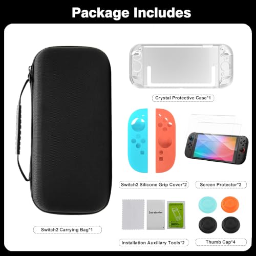12 in 1 Protection Accessories Kit for Nintendo Switch 2 2025 Model - Carrying Case, Tempered Glass Screen Protector, Crystal Case, Silicone Grip Cover & Thumb Grip Caps | Full Protection Bundle - size: 12 in 1 for Switch 2