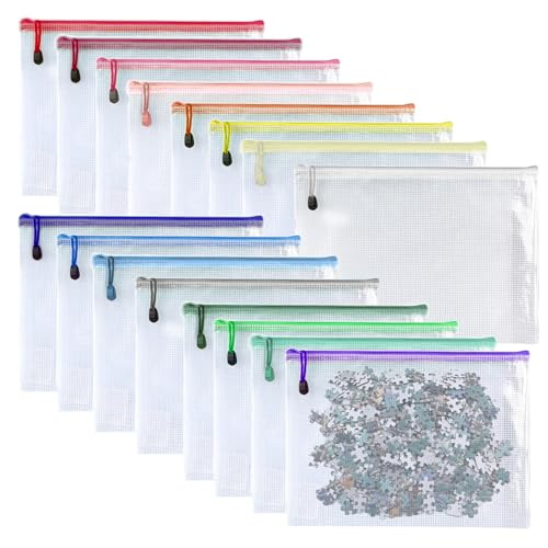 Oaimyy-16Pcs,4" x 6"-Plastic Mesh Zipper Pouch Document Folders Bag Zipper Zip File Folders for Puzzles Games,Board Game Organization,Organizing Classroom Office Storage-Multicolor