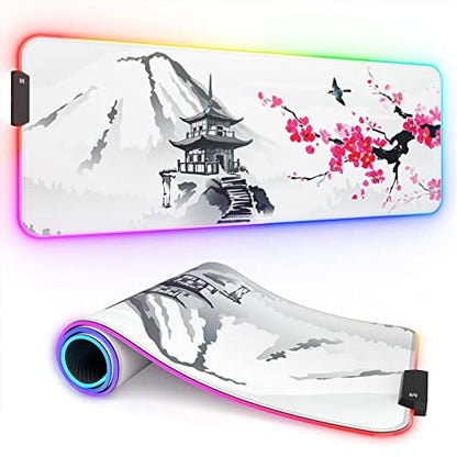 ITNRSIIET RGB Gaming Mouse Pad, Full Desk XL Extended Large Gaming Mousepad, 12 Lighting Modes 30% Thicker Big LED Desk Mat for Gamers, 32 x 12 inches, Japanese Mount Fuji Sakura - color: Japanese Mount Fuji