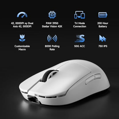 MCHOSE L7 Ultra+ Wireless Gaming Mouse, Lightweight 48g, Ergonomic Mouse with 42K DPI, PAW3950, Optical Switch, 20000 FPS, Dual 8K Polling, 7 Programmable Buttons, 3-Mode Connect, PC/Mac - White - color: White