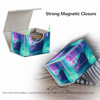 Strong Magnet Card Case Deck Box Mtg Card Box Playing Card Box Magic Deck Box Tcg Up to 200 Cards Creative Pattern Trading Card Storage Box for Collectible Card Games, A Purple Sailing Ship - color: A Purple Sailing Ship