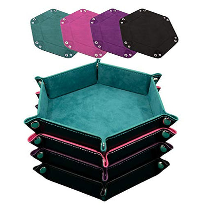 SIQUK 4 Pieces Dice Tray Hexagon Dice Rolling Holder Folding PU Leather Dice Trays for Dice Games Like RPG, DND and Other Table Games (Cyan, Pink, Violet and Black) - color: Cyan, Pink, Violet and Black