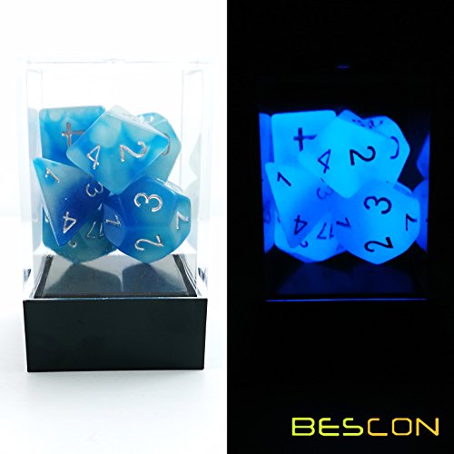 Bescon Gemini Glowing Polyhedral Dice 7pcs Set ICY Rocks, Luminous RPG Dice Set d4 d6 d8 d10 d12 d20 d%, Brick Box Packaging - color: Icy Rocks