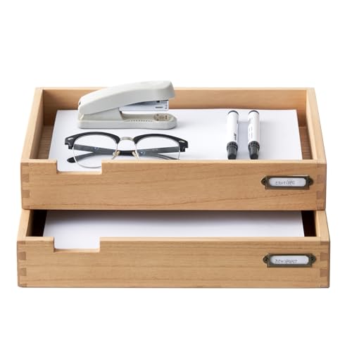 KIRIGEN Wood Paper Tray Set of 2, Stackable Inbox Trays for Desk, Natural | Metal Label Holders and Letter-Size Capacity Organize Mail, Files, Folders, Classroom Papers, and Office Documents - color: Natural