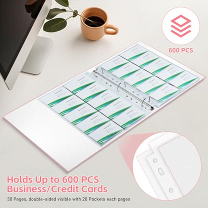 BYSTER A4 Business Card Organizer, PU Leather Card Binder with 30 Pack Sleeves (600 Pockets), Business Card Holder Book for Credit Cards, Membership Cards, and More - Pink - color: Pink