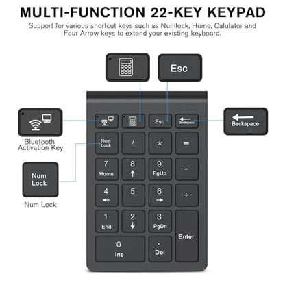 cimetech BT Number Pad, Wireless Numeric Keypad Numpad, 22 Keys Portable Mini Financial Accounting Keyboard for Laptop Notebook, Desktop, Surface Pro, PC - color: BT-Black