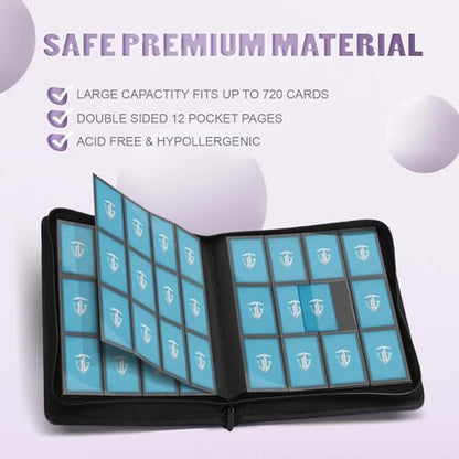 12 Pockets Trading Card Zipper Binder for 720 Cards| Secure Side Loading Pockets | Trading Card Album Folder | Compatible with YuGiOh, MTG,Sports Cards (Purple 12) - color: Purple 12