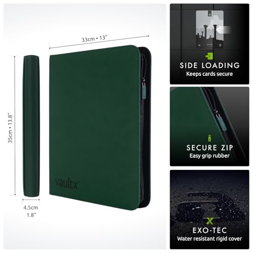 Vault X 12 Pocket XL Zip Trading Card Binder 624 Cards Exo-Tec (Green) | Holds 624 standard-size TCG cards in 26 side-loading 12-pocket pages. Padded, water-resistant Exo-Tec cover. - color: Green, size: 12 Pocket XL
