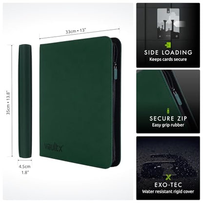 Vault X 12 Pocket XL Zip Trading Card Binder 624 Cards Exo-Tec (Green) | Holds 624 standard-size TCG cards in 26 side-loading 12-pocket pages. Padded, water-resistant Exo-Tec cover. - color: Green, size: 12 Pocket XL