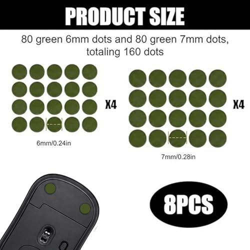 160 Pcs Mouse Slider Pads Replacement, PTFE Glide Dots 6mm and 7mm Universal Mouse Skates for Gaming Mouse and Office Mice, Smooth Glide Upgrade Compatible with Cloth or Hard Mousepads (Green) - size: Dia 6mm/7mm Green