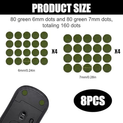 160 Pcs Mouse Slider Pads Replacement, PTFE Glide Dots 6mm and 7mm Universal Mouse Skates for Gaming Mouse and Office Mice, Smooth Glide Upgrade Compatible with Cloth or Hard Mousepads (Green) - size: Dia 6mm/7mm Green