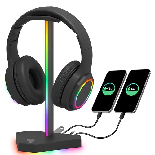 RGB Headphones Stand with 1 USB-C Data Transmission& 3 Type-C Charging Port, Desk Gaming Headset Holder with 7 Light Modes and Non-Slip Rubber Base (Black) - color: Black