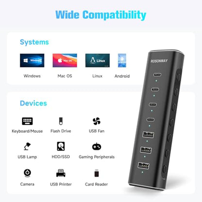 7 Ports Powered USB 3.2/USB C Hub 10Gbps with 4 USB-C 3.2, 3 USB-A 3.2 Ports, 3.3ft Cable and 36W(12V/3A) Power Adapter, Aluminum USB Splitter for Laptop, RSH-H7C4 - size: 7-Port Powered USB Hub
