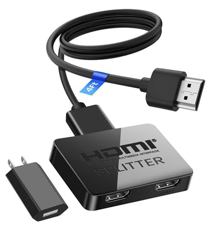 4K HDMI Splitter 1 in 2 Out with Power Adapter and 4Ft Hdmi 2.0 Cable | Mirror 1 Source Screen to 2 Display Devices-Not for Extended Display, 1x2 HDMI Splitter Compatible with PS4, HDTV, Monitor