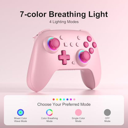 SIMGAL Wireless Controller for Switch/PC, Breathing LED, Pink | Wireless gamepad with 6-axis gyro/dual vibration/ergonomic, Switch Lite/OLED/Steam Deck/PC compatible, bluetooth/wired