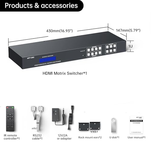 MT-VIKI 4K HDMI Matrix Switch 4x4 with Audio Extraction +Web GUI+ Remote, Rack Mount Switcher & Splitter, 4K@30Hz, EDID, RS232, LAN Port, APP for Conference Room, Church (4 in 4 Out) - size: 4X4 4K30Hz