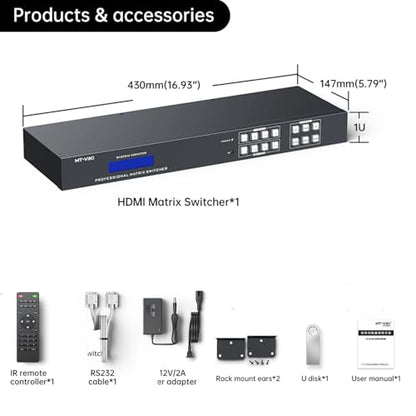 MT-VIKI 4K HDMI Matrix Switch 4x4 with Audio Extraction +Web GUI+ Remote, Rack Mount Switcher & Splitter, 4K@30Hz, EDID, RS232, LAN Port, APP for Conference Room, Church (4 in 4 Out) - size: 4X4 4K30Hz