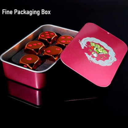 16mm Orange Metal Dice Set - 5-Piece Solid Iron Dice with Case, 6-Sided Metal Dice for Board Games, Poker Parties, Tabletop RPG, Geek Gifts - color: Orange