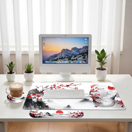 Cherry Blossom Desk Mat Set Zen Ink Landscape Large Mouse Pad with Wrist Rest 4-in-1 Desk Mat for Desktop Ergonomic Computer Desk Arm Wrist Anti-Slip Computer Ergonomic Mouse Pad Home Office Gaming - color: Cherry Blossom, size: 34.5" x 15.7"