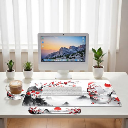 Cherry Blossom Desk Mat Set Zen Ink Landscape Large Mouse Pad with Wrist Rest 4-in-1 Desk Mat for Desktop Ergonomic Computer Desk Arm Wrist Anti-Slip Computer Ergonomic Mouse Pad Home Office Gaming - color: Cherry Blossom, size: 34.5" x 15.7"