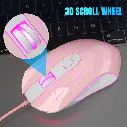 Wired Gaming Mouse, 7 Colors Breathing LED Backlit Gaming Mouse, 6 Adjustable Speeds, Ergonomic Optical Computer Mouse with 7 Buttons for Windows PC Gamers, Pink - color: Pink