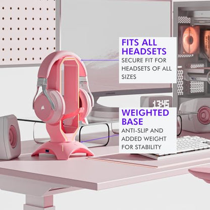Tilted Nation Cute Headphone Stand Pink | Headset Stand with RGB, Mouse Bungee Holder, and 2 Port USB Hub Charger - Desk Gaming Accessories - color: Pink