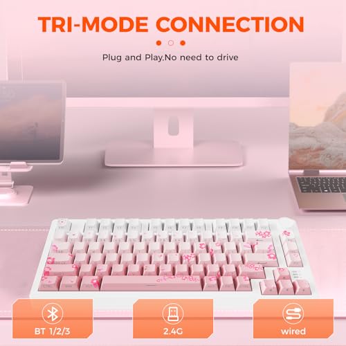 DAREU EK75PRO Sakura Pink Wireless Mechanical Keyboard,75% Hot Swap Creamy Gaming Keyboard with Knob,RGB Backlit,Gasket Custom Structure,Side Printed PBT Keycaps,2.4Ghz/BT5.1/USB-C, for Win/MAC - color: Pink