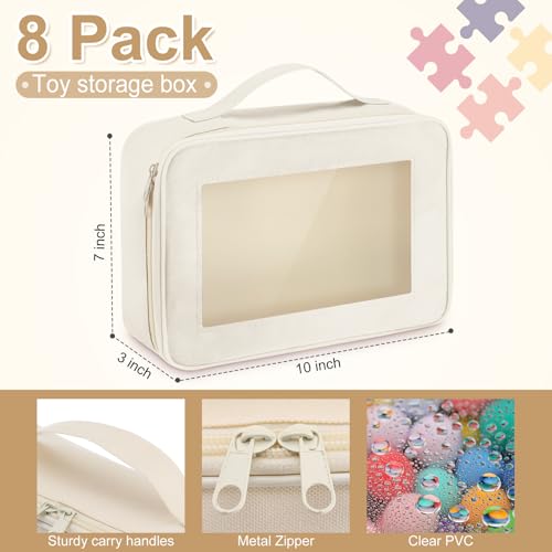 Abbylike 8 Pack Toys Storage Bags with Handle and Clear PVC Window, Classic Bricks Building Set Organization Bags, Car Toy Traveling Carrying Case for Puzzles Board Games Building Blocks(Beige) - color: Beige