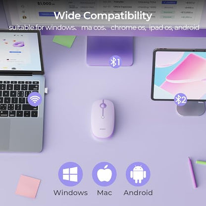 seenda MOU001 Bluetooth Wireless Mouse for Laptop,Slim Computer Mice,Purple | Rechargeable Computer mouse with USB and dual Bluetooth, 3-level DPI and quiet clicks for Windows, Macbook, iPad and Travel. - color: purple