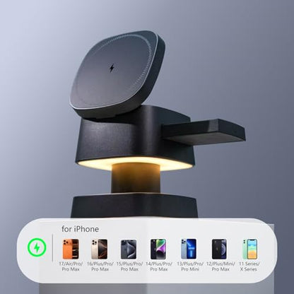 2026 Upgraded 4 in 1 Wireless Charger, 3 in 1 Wireless Charging Station with Night Light for MagSafe Charger, 15W Magnetic Travel Stand for iPhone17/Air/Pro/Max/16/15/14, Apple Watch, Airpods (Black) - color: black