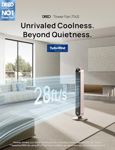DREO Smart Tower Fan for Bedroom, 120° Oscillating Fan, 20dB Quiet DC Motor | 28ft/s Airflow, 12 Speeds, 4 Modes Bladeless Standing Fan, 12H Timer Cooling Fan for Home, Living Room, App & Alexa Control - color: Starlight