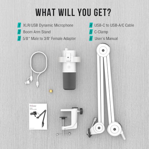 FIFINE AmpliTank K688TW Podcast XLR/USB Microphone Kit, Dynamic Vocal Mic | Studio PC Microphone with Boom Arm, Mute, Headphone Monitoring, for Recording, Streaming, Voice-Over, Online Teaching, White - size: K688T White