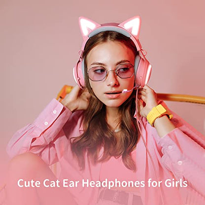 EASARS Pink Gaming Headset GS510, Wired, Over Ear, Cat Ear Design with RGB Lighting, 7.1 Surround Sound, Retractable Mic, Compatible with PC, PS4, PS5 - color: Pink, style: Wired