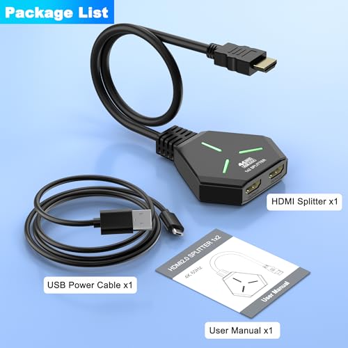 HDMI Splitter 1x2, 4K@60Hz HDMI 2.0 Splitter 1 in 2 Out for Dual Monitors, 1 Source to 2 Displays, Supports 18Gbps High Speed, HDCP 2.2, 3D, HDR, Compatible for Projector/TV/Monitor.