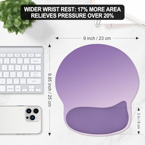 ITNRSIIET Ergonomic Mouse Pad with Wider Memory Foam Wrist Rest +17% - Curved Cushion Reduces Pressure 20%, Pain Relief, Non-Slip, Smooth, Cute Colors, 9.85 x 9 in, Lavender Fade - color: Lavender Fade